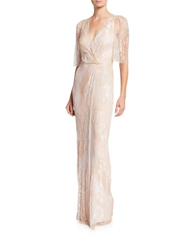 Jenny Packham Sequined Tulle Crossover Column Gown In Blush