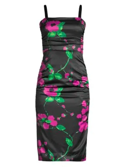 Milly Dayna Painted Floral Sleeveless Satin Cocktail Dress In Black Magenta