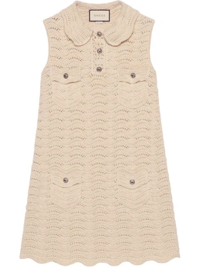 Gucci Collared Crochet Wool Dress In White
