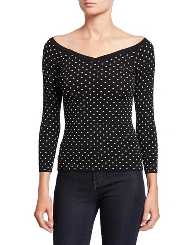 Milly Micro Dot V-neck 3/4-sleeve Sweater In Black/white