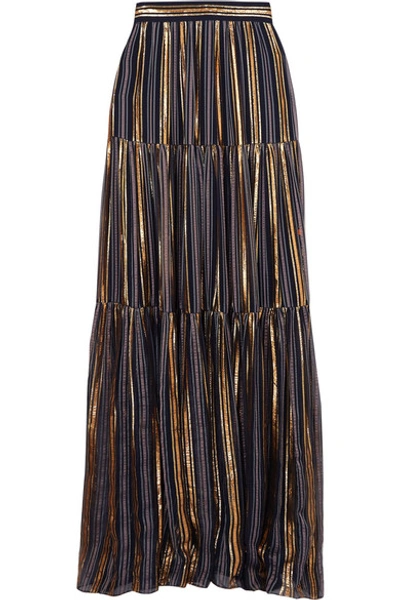 Peter Pilotto Crochet-trimmed Striped Lurex And Chiffon Maxi Skirt In Navy
