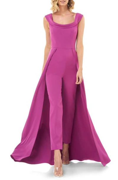 Kay Unger Anais Stretch Crepe Jumpsuit With Skirt Overlay In Cerise