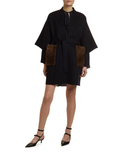 Valentino Fur-pocket Kimono-sleeve Double-felt Coat In Blue