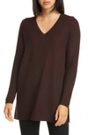 Eileen Fisher Textured Wool Crepe V-neck Sweater In Cassis