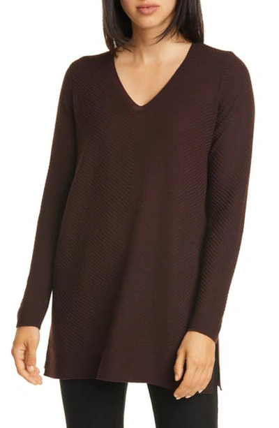 Eileen Fisher Textured Wool Crepe V-neck Sweater In Cassis