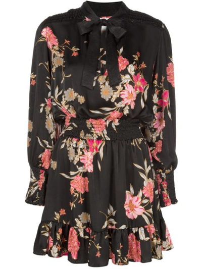 Misa Iyana Floral Tie-neck Smock-waist Mini Dress In Black