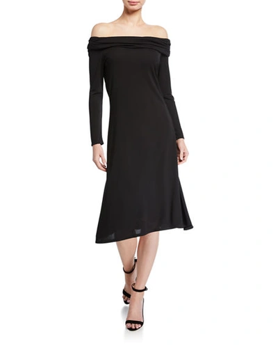 Natori Matte Jersey Off-the-shoulder Long-sleeve Dress In Black