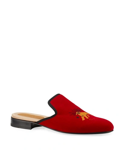 Gucci Men's Pantoufle Embroidered Suede Mule Slippers In Red