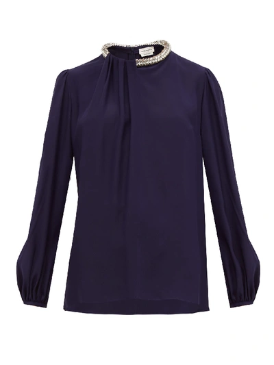 Alexander Mcqueen Jeweled-neck Full-sleeve Crepe Blouse In Sapphire