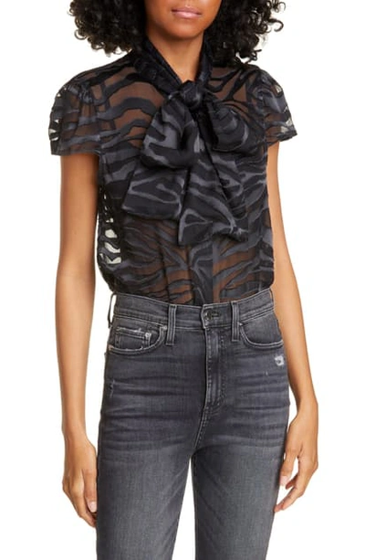 Alice And Olivia Women's Jeannie Bow Collar Zebra-embroidered Silk Tulle Blouse In Tiger Black