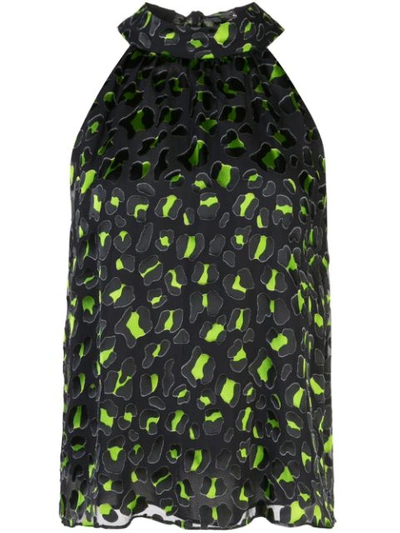 Alice And Olivia Kinsley Gathered Two-tone Burnout Velvet Leopard Halter Top In Abstract Leopard Electric Green