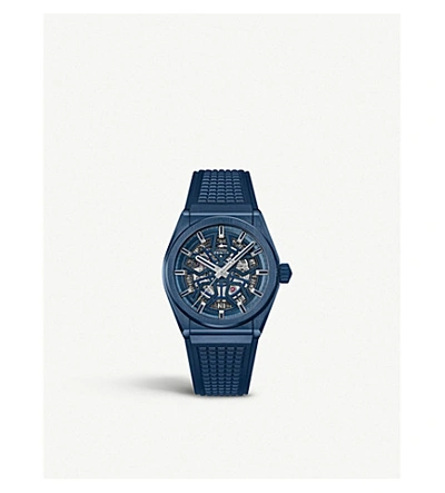 Zenith Defy Classic Range Rover Brushed Titanium And Rubber Watch In Blue Openworked