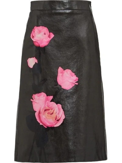 Prada Floral-print Leather A-line Skirt In Black