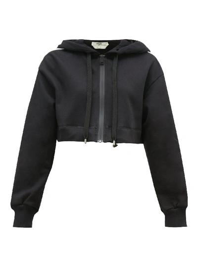 Fendi Logo-stripe Cotton-blend Cropped Hooded Sweatshirt In Black