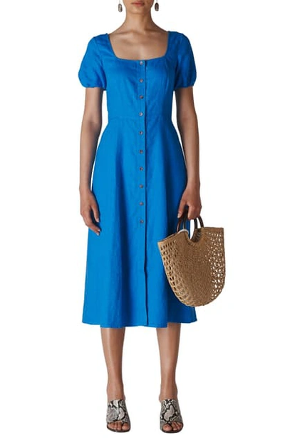 Whistles Remi Linen Button-front Midi Dress In Blue