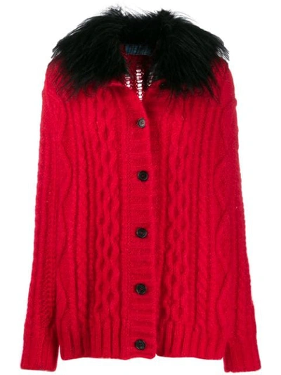 Prada Furry Collar Knitted Cardigan In Red
