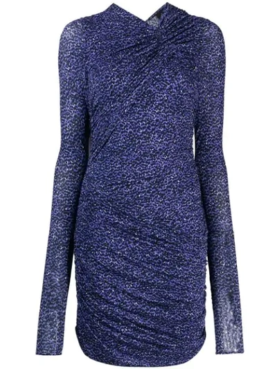Isabel Marant Animal Print Ruched Jersey Long Sleeve Minidress In Blue