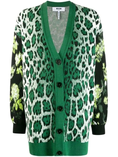 Msgm Oversized Leopard Print V-neck Cardigan In Green