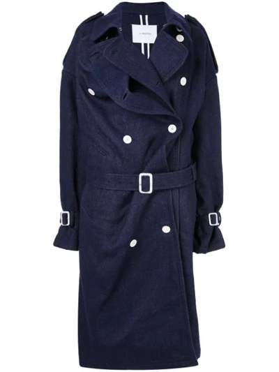 Pushbutton Denim Double-breasted Coat In Blue