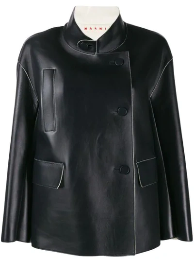Marni Double-breasted Leather Jacket In Navy