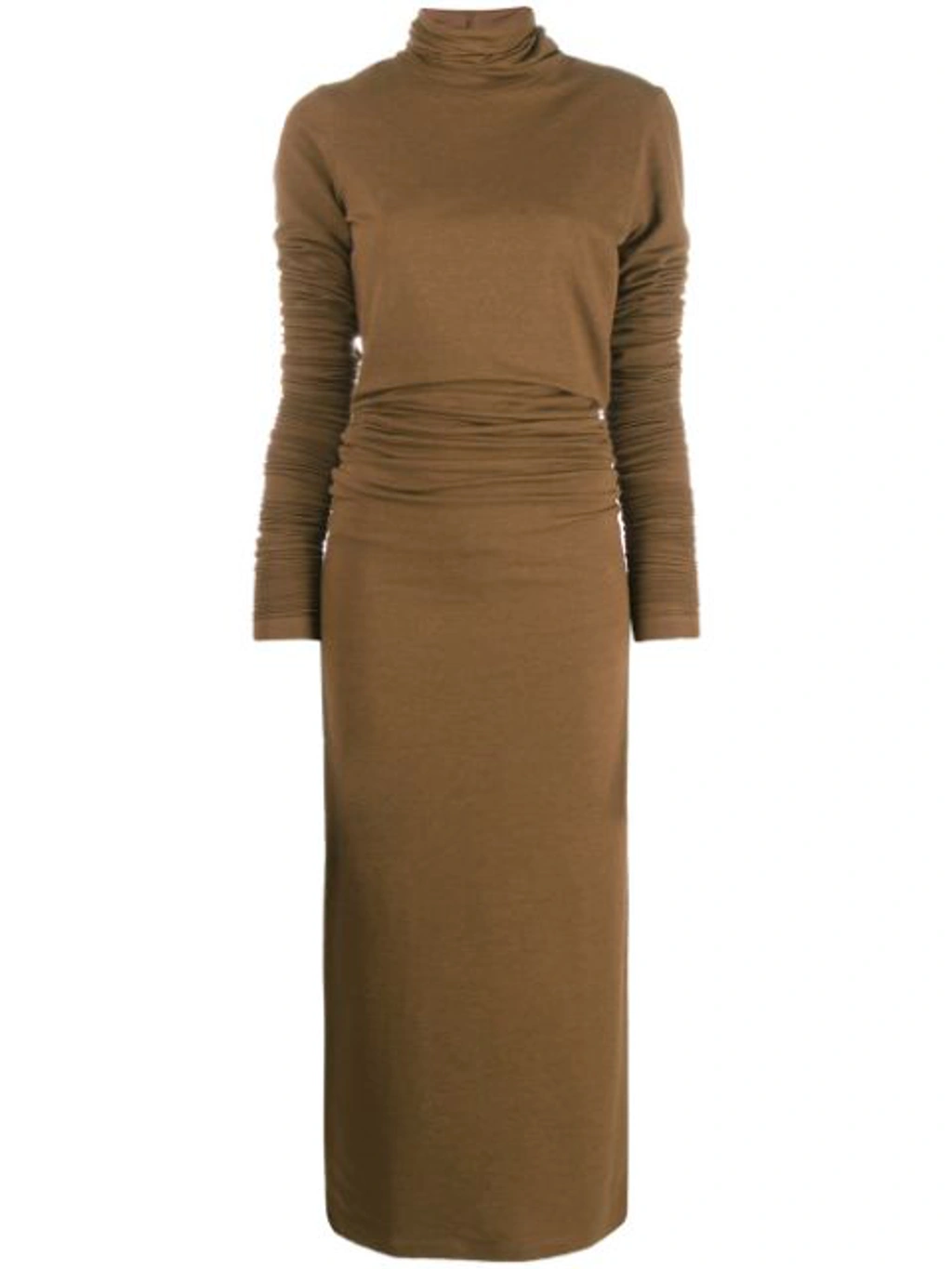 Lemaire Long Sleeve Turtleneck Ruched Dress In Brown | ModeSens