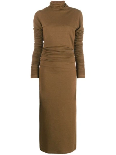 Lemaire Long Sleeve Turtleneck Ruched Dress In Brown