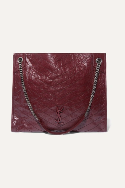 Saint Laurent Niki Large Quilted Crinkled Glossed-leather Tote In Burgundy