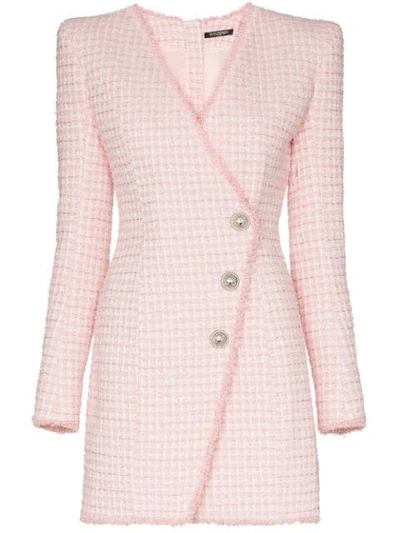 Balmain Wrap-effect Button-embellished Tweed Mini Dress In Pink