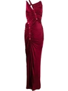 Versace Cutout Button-detailed Ruched Satin Gown In Red