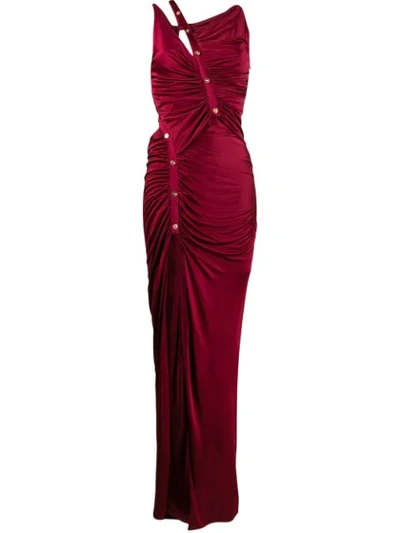 Versace Cutout Button-detailed Ruched Satin Gown In Red