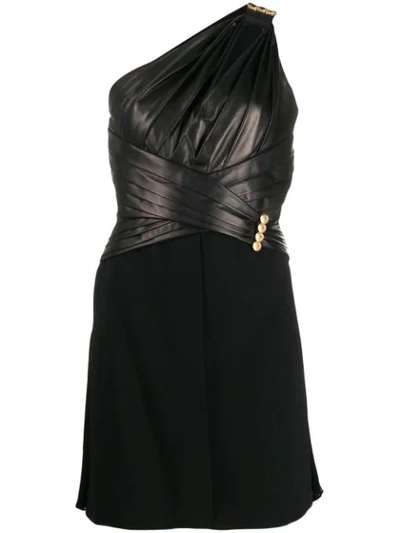 Versace One-shoulder Gathered Leather, Crepe And Chiffon Mini Dress In Black
