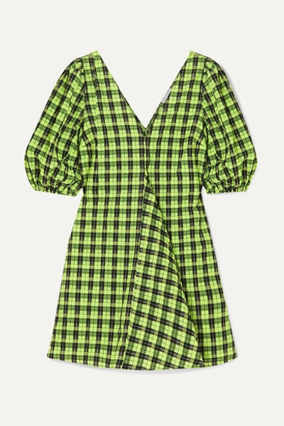 Ganni Checked Cotton-blend Seersucker Mini Dress In Neon Maize