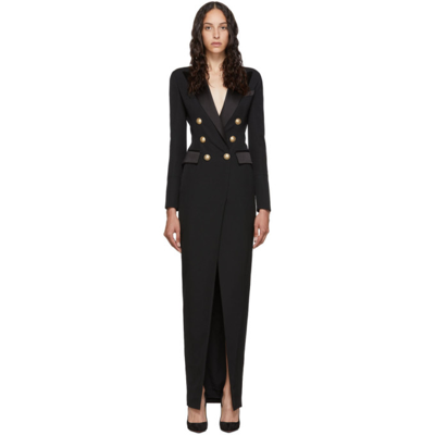 Balmain Tailored Slit-front Wool-crepe Gown In 0pa Black