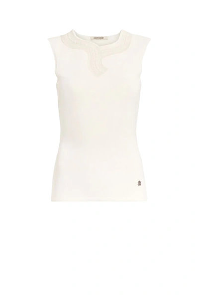 Roberto Cavalli Knit Top With Snake Lace In White
