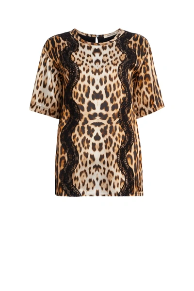 Roberto Cavalli Heritage Jaguar Print T-shirt With Lace In Neutrals