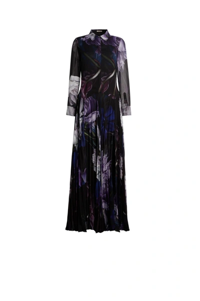 Roberto Cavalli Marchito Print Long Silk Shirt Dress In Black