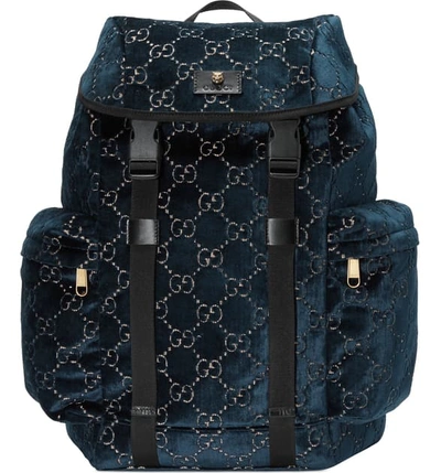 Gucci Gg Velvet Backpack - Blue In Blue Beige/ Blue Red/ Nero