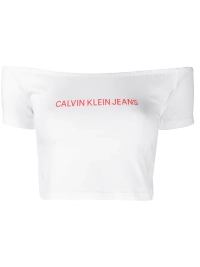 Calvin Klein Jeans Est.1978 Logo Off-the-shoulder Stretch Cotton Top In White