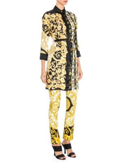 Versace Hibiscus Print Belted Shirtdress Tunic In Gold Print