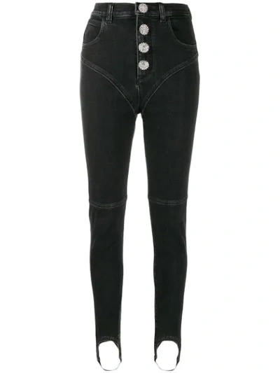 Alessandra Rich High Waisted Crystal Button Stirrup Jean In Black