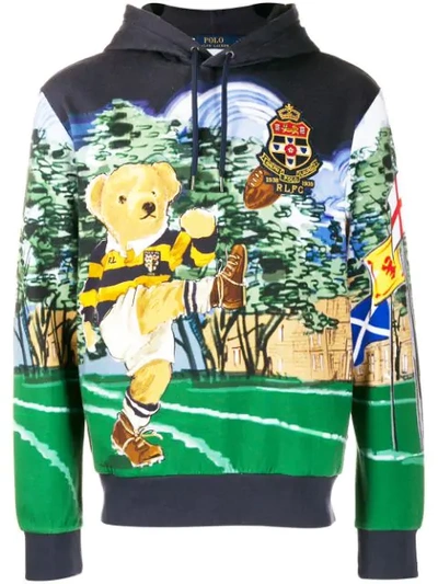 Polo Ralph Lauren Rugby Polo Bear Print Hoodie In Blue
