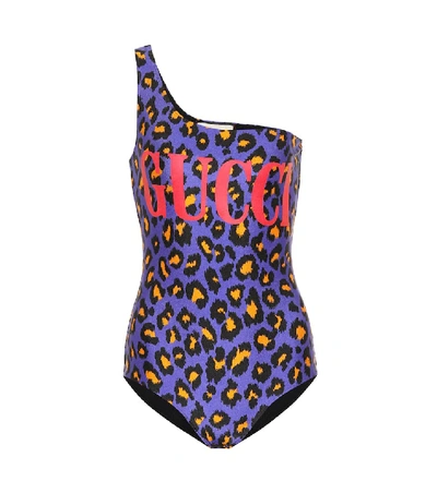 Gucci One-shoulder Leopard-print Swimsuit In Purple