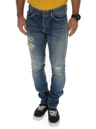 Saint Laurent Distressed Skinny Jeans In Blue