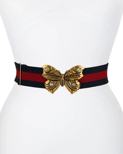 Gucci Elastic Web Belt W/ Crystal Studded Butterfly In Blue/red