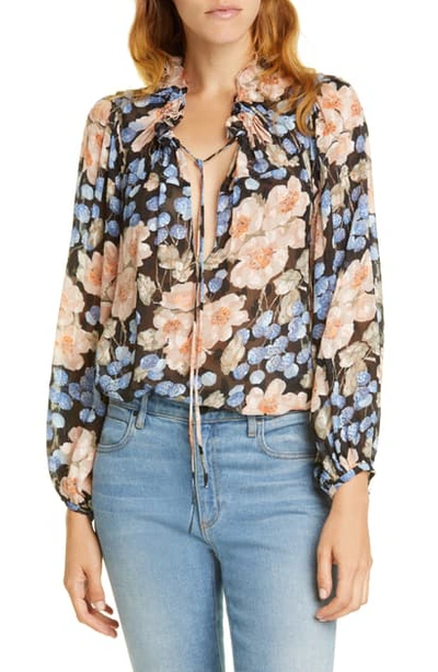 Rebecca Taylor Long-sleeve Blush Rose Printed Top In Black Combo