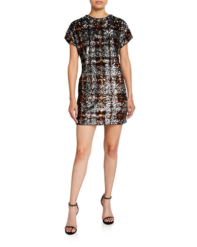 Aidan Mattox Plaid Sequin Cap-sleeve Shift Dress In Orange Metallic