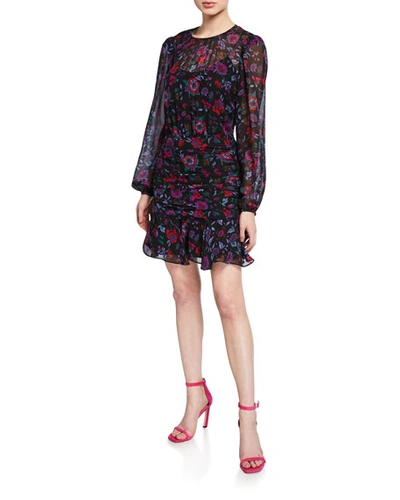 Veronica Beard Robin Floral-print Long-sleeve Silk Short Dress In Black Pattern