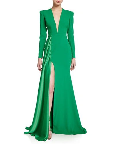 Alex Perry Lindy V-neck Long-sleeve Gown In Green