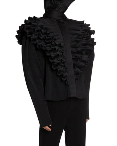 Balenciaga Satin Pleated Ruffle-bib Blouse With Incognito Collar In Black