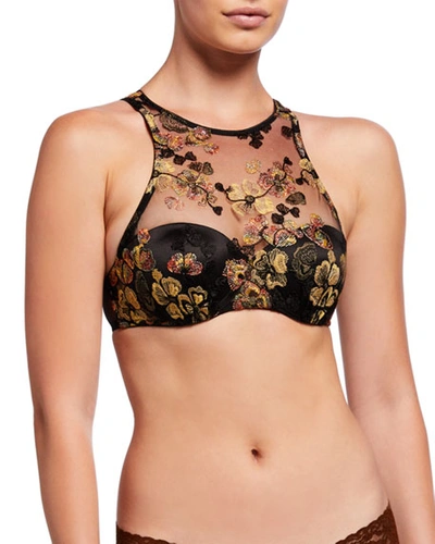 Id Sarrieri Midnight Delights Embroidered High-neck Push-up Bra In Black Flowers